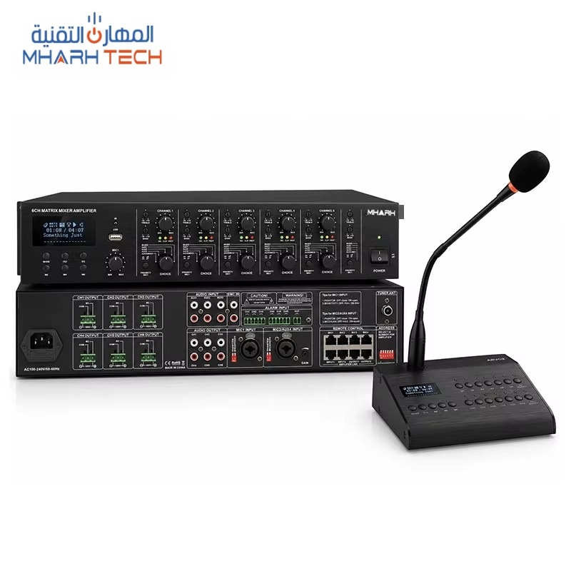 أمبليفاير ميكسر 6 قنوات 120/240 وات بمصفوفة وميكروفون نداء عن بعد
