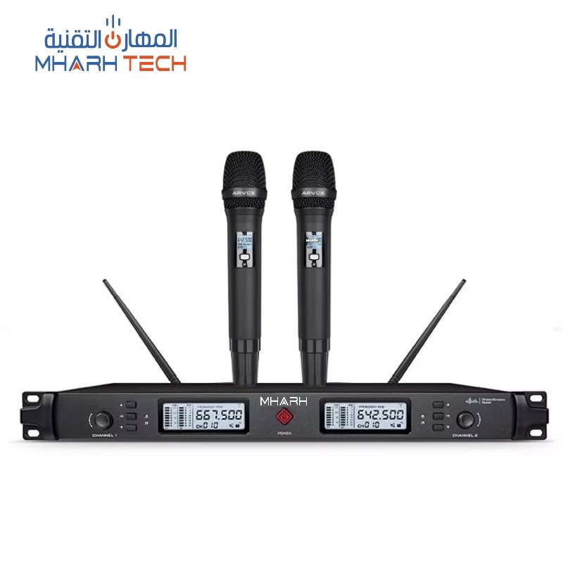 ميكروفون يدوي لاسلكي UHF مزدوج القناة ديناميكي معدني